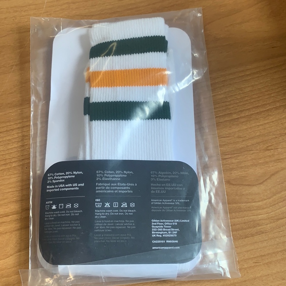 American Apparel White Socks with Green and Orange Stripes